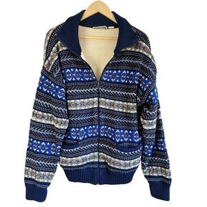 Rob Winter Cable Knit Fair Isle Zip Up Sweater Thermal Waffle Lined Men's L Blue